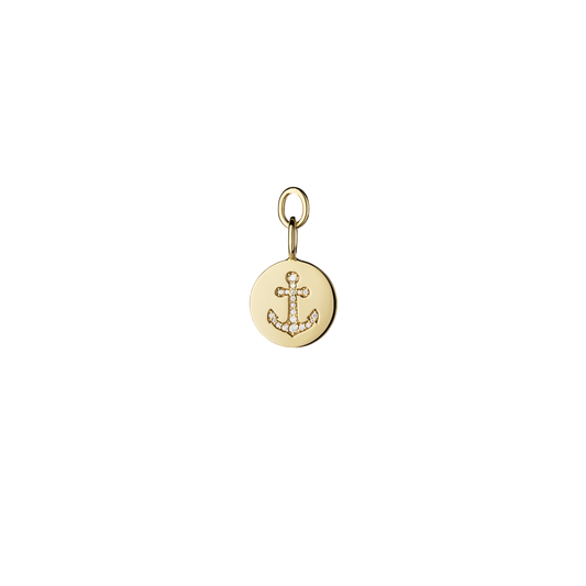 round pendant for necklaces and earrings with anchor symbol and white diamonds in 18 KT yellow gold