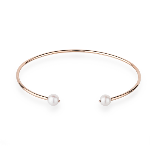 Bangle wave in rose gold with two white akoy pearls front view