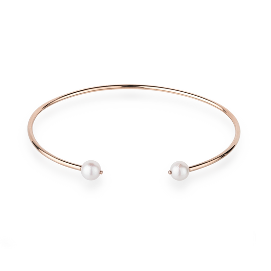 Bangle wave in rose gold with two white akoy pearls front view