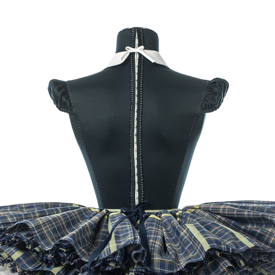 Close up of Anna Doll in blue with checkered skirt back view