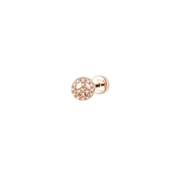 Close-up side view of a stunning 18 KT rose gold ear stud piercing in the shape of a peace-sign adorned with brilliant white diamonds