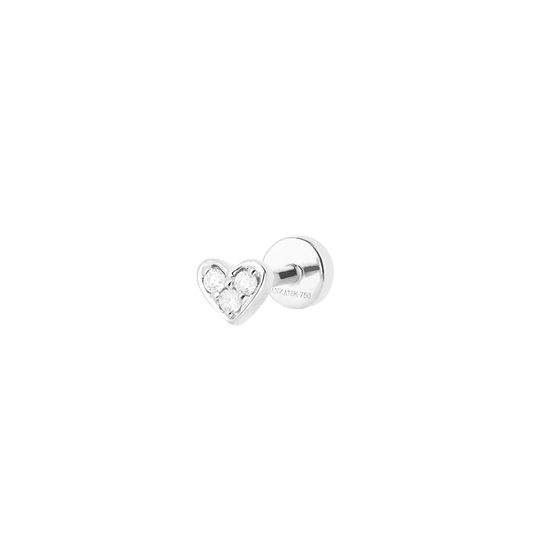 Close-up side view of a stunning 18 KT white gold heart-shaped ear stud piercing adorned with brilliant white diamonds, showcasing exquisite craftsmanship and elegance.
