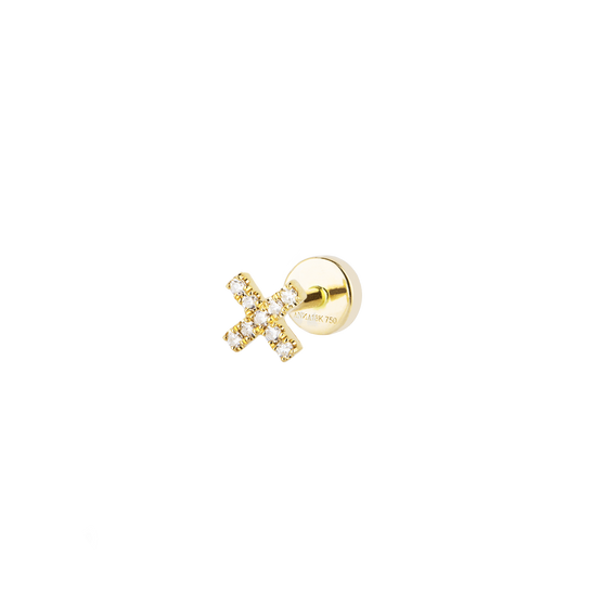 Close-up side view of stunning 18 KT yellow gold ear stud piercing Xenia adorned with brilliant white diamonds.
