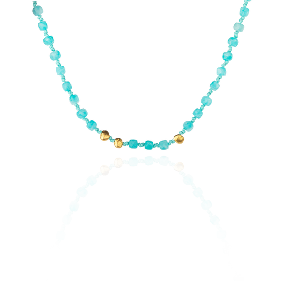 Necklace with precious stones amazonites and yellow gold nuggets front view
