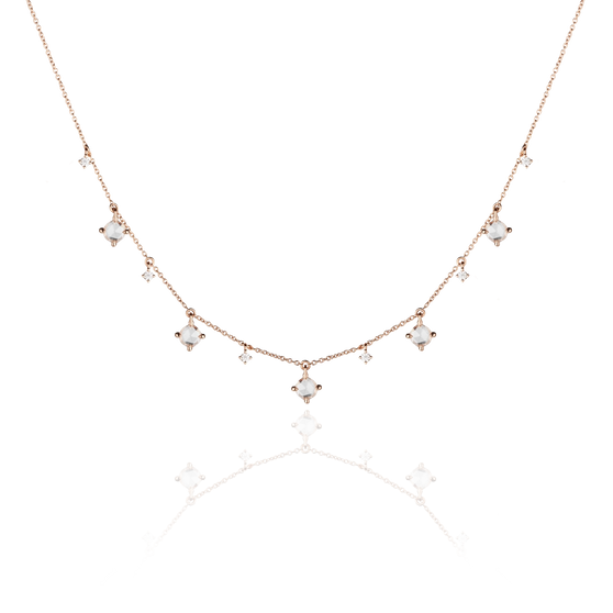 Front view of ANNA necklace Leona in 18 KT rose gold with 11 white diamonds