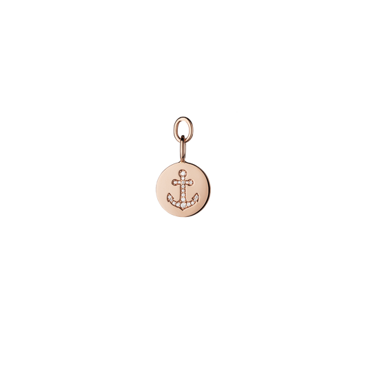 round pendant for necklaces and earrings with anchor symbol and white diamonds in 18 KT rose gold