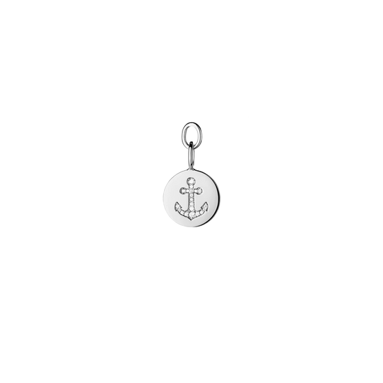round pendant for necklaces and earrings with anchor symbol and white diamonds in 18 KT white gold