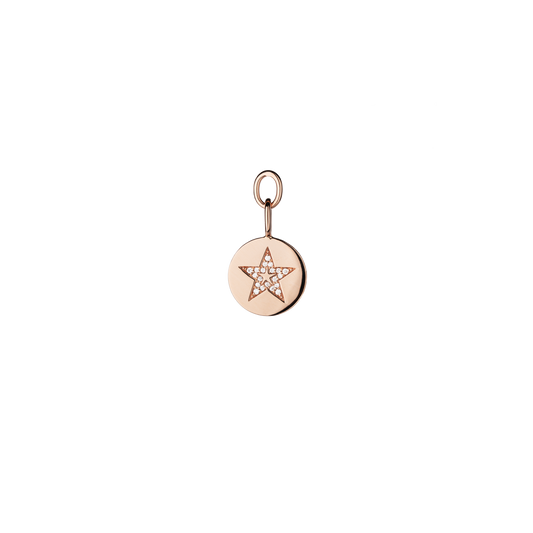 round pendant for necklaces and earrings in 18 KT rose gold with star symbol and white diamonds