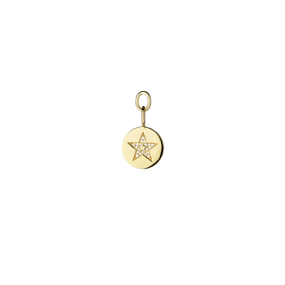 round pendant for necklaces and earrings in 18 KT yellow gold with star symbol and white diamonds