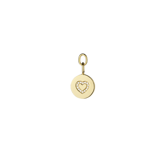 Pendant Coin Heart in 18 KT yellow gold with white diamonds in front view