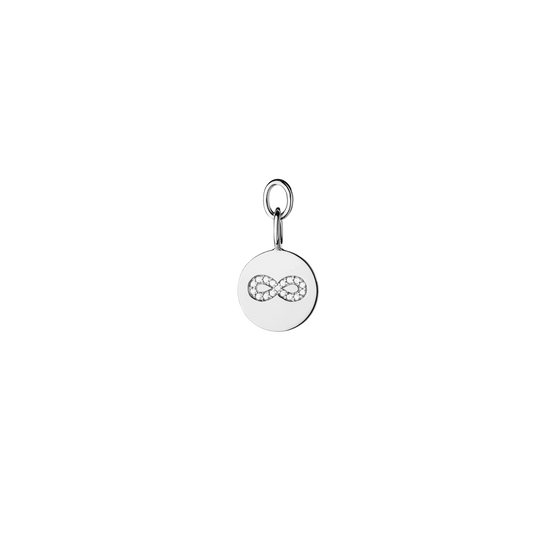 Round pendant with eternity symbol and white diamonds for earrings and necklaces in 18 KT white gold