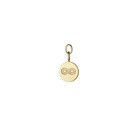 Round pendant with eternity symbol and white diamonds for earrings and necklaces in 18 KT yellow gold