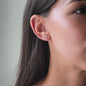 Video of woman wearing rose gold diamond ear stud in heart shape, details