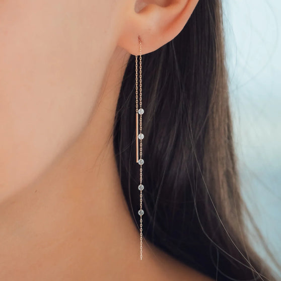 detail of woman wearing chain earring in rose gold with white diamonds