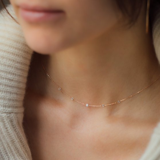 Zoe 5 - Woman wearing necklace in 18 KT Rose Gold with white diamonds