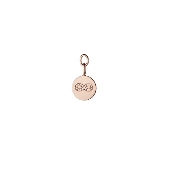 Round pendant with eternity symbol and white diamonds for earrings and necklaces in 18 KT rose gold